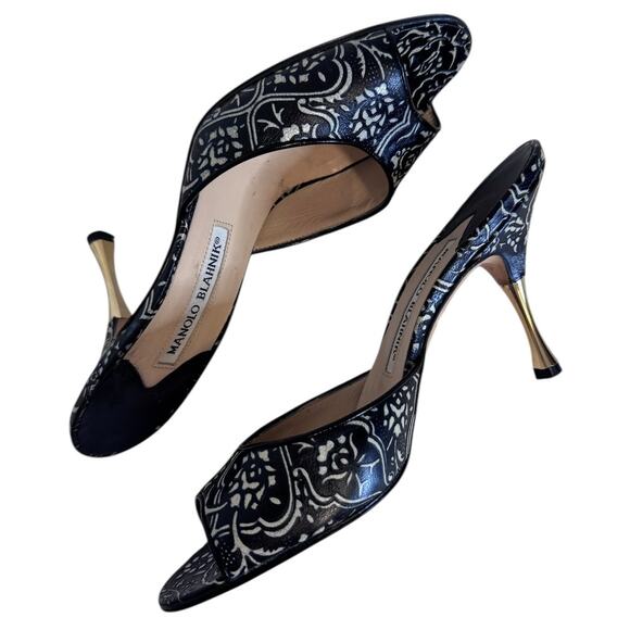 Vintage Manolo Blahnik Black & White Floral Open Toe Mule Heels Size 37 - Picture 9 of 14